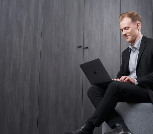 Baltic Assist employee looking at laptop